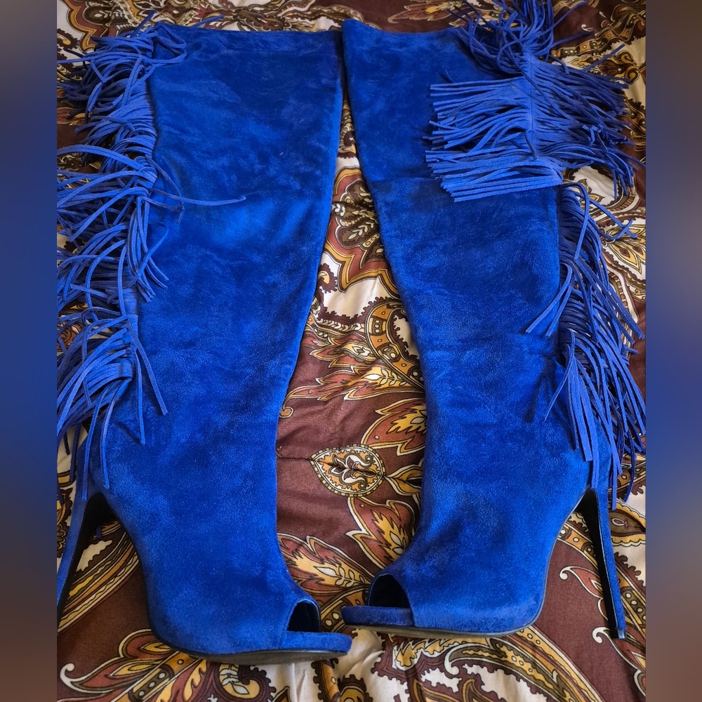 Privileged Royal Blue Fringe Over-the-Knee Heeled Boots